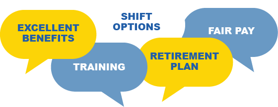 Excellent Benefits, Shift Options, Training, Retirement Plan, Fair Pay